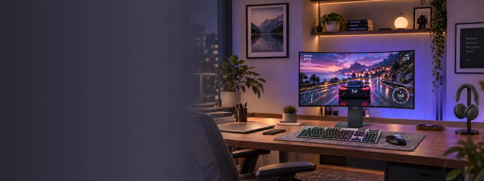 LG curved ultrawide monitor displaying a racing game on a wood desk with RGB keyboard, mouse, and headphones on stand, in a room with shelving, plants, and wall art reading "Better Games Brighter Days"