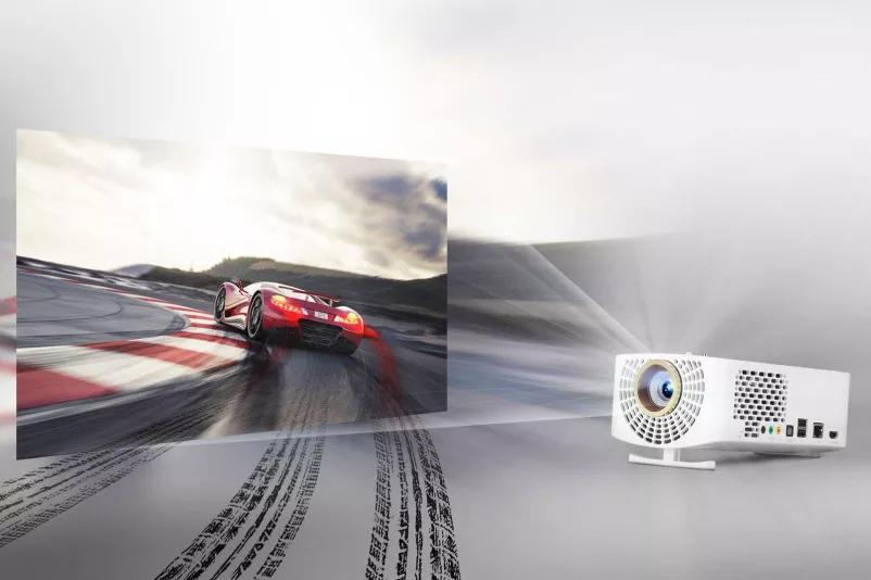 Vivid Full HD Display - projector on right projecting an image of a race car