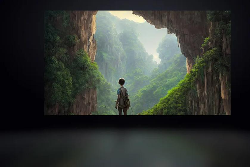 A large OLED97 display sits in a dark space, with the screen reflecting gently off the floor before it. The movie playing shows a person standing at the edge of a huge lush canyon, looking over the landscape.