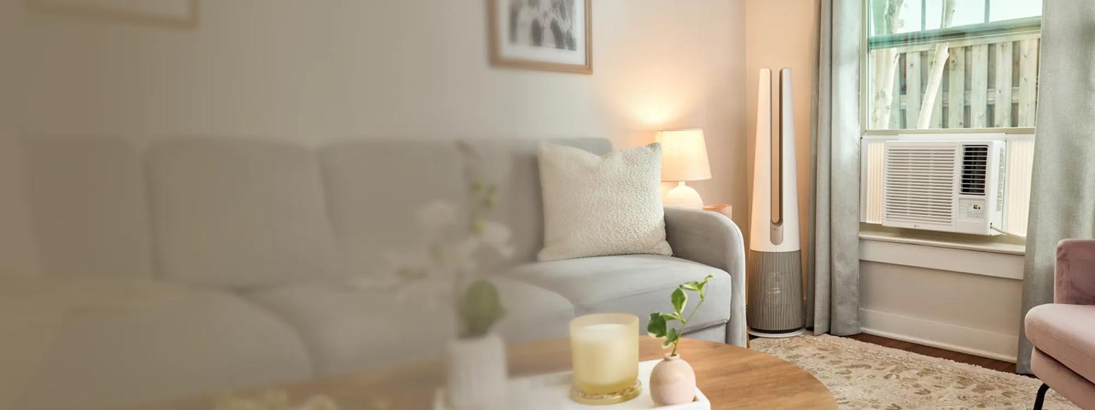 An LG air purifier and air conditioner appear in a living room setting.