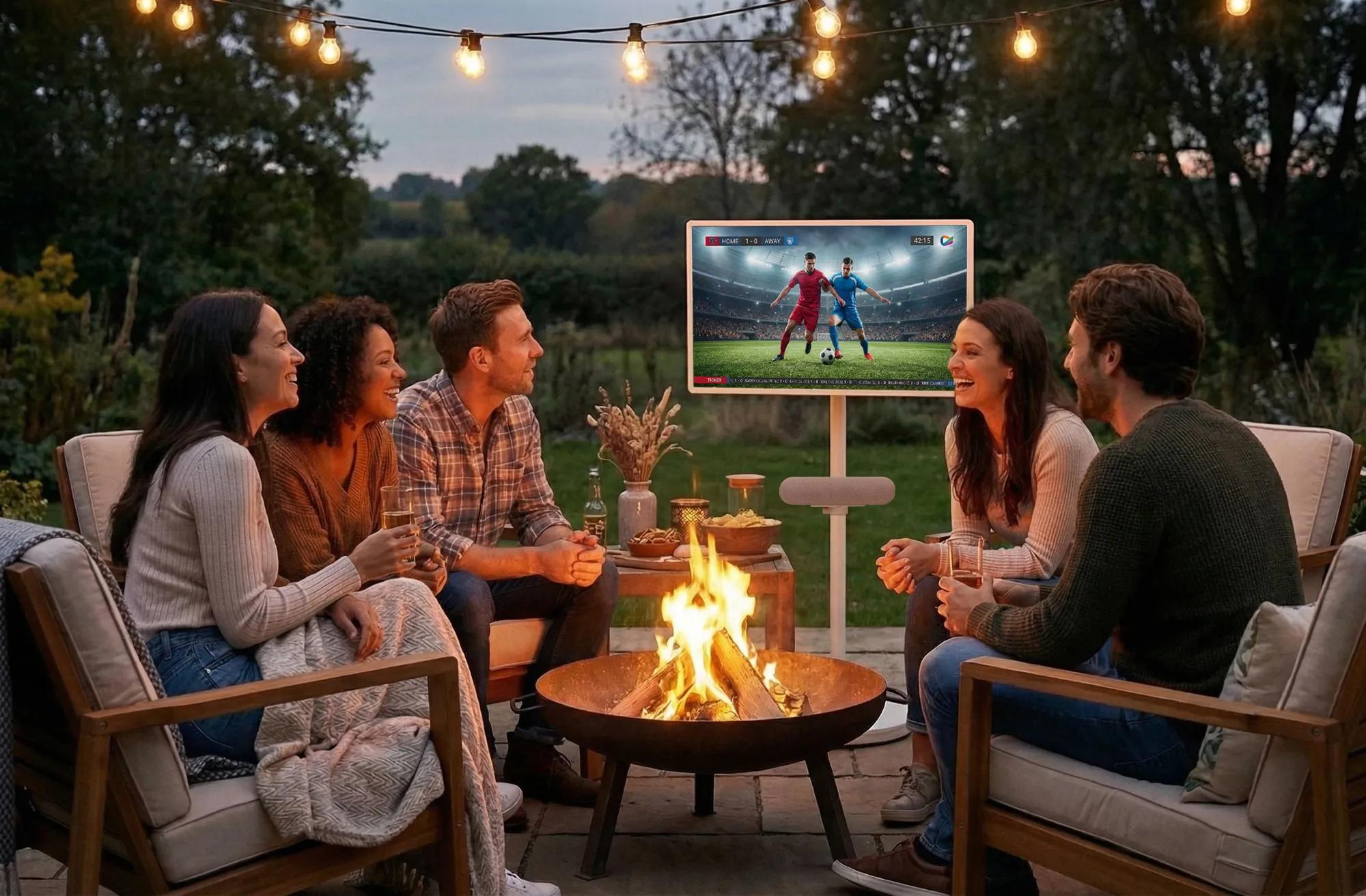 Group of friends watching a soccer match on LG StanbyME 2 around an outdoor fire pit.