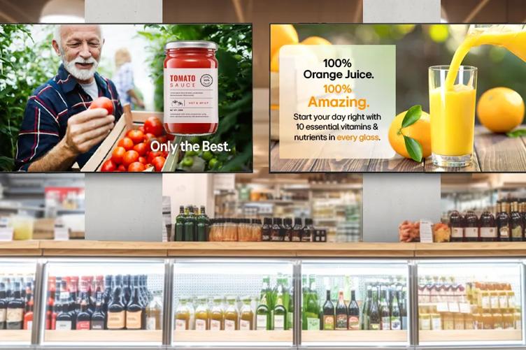 A grocery store case filled with bottled refrigerated juice and drinks. Above the case are two columns. An LG digital signage display is mounted on each. One has an advertisement for orange juice, and the other has an ad for tomato sauce, illustrating the content capabilities of LG signage paired with BrightSignOS. 