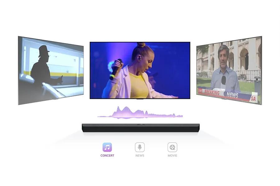 Image and video showing how your soundbar analyzes what you are watcjing so you can hear dialogue