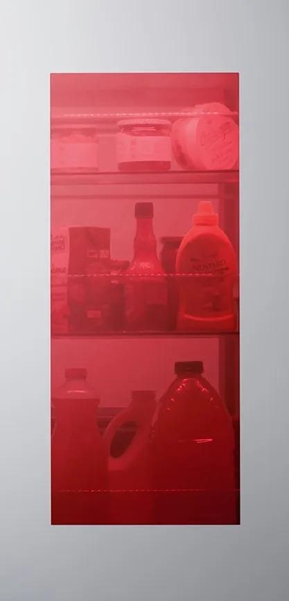 Interactive feature showing an InstaView panel on the left and a color-selection interface on the right. Users can choose from five LED lighting options: Emerald Green, Sapphire Blue, Amethyst Purple, Ruby Red, or Citrine Orange. When a color is selected, the name of that hue appears and the InstaView window reveals the inside of the fridge illuminated in that chosen color.