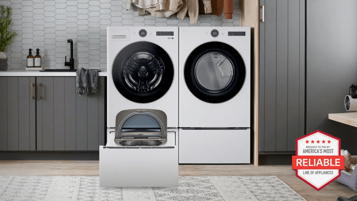 An LG Washer and Dryer appear in a stylish laundry room setting. “America’s Most Reliable Line of Home Appliances”.