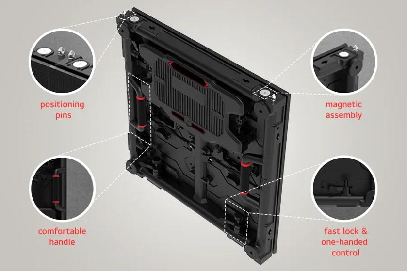 The image shows a detailed view of a technological device, possibly an electronic screen or panel, featuring a complex assembly. The main component is a flat, rectangular structure with a sleek, black exterior. Several features are highlighted with circular insets, each indicating specific details of the device. The top left inset displays "positioning pins," showing two small, round components that ensure alignment. The upper right inset highlights "magnetic assembly," depicting part of the corner mechanism designed for easy attachment. The lower left inset focuses on a "comfortable handle," showcasing a grip for ease of transport. The bottom right inset describes "fast lock & one-handed control," illustrating a mechanism for securing and operating the device effortlessly. The background is a plain, light gray, providing contrast to the black and red accents of the device.