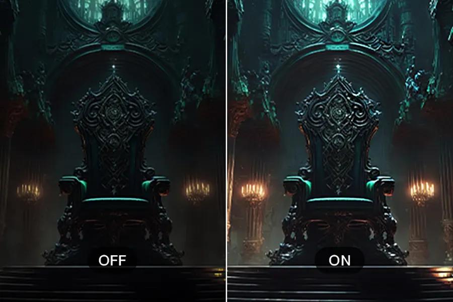 LG 34U601B-B UltraWide Monitor Black Stabilizer feature comparison showing dark throne scene with stabilizer off and on for improved visibility in dark areas