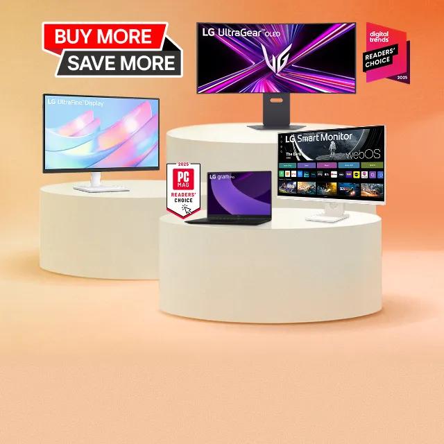 “Buy More Save More” title badge. A group of monitors appear side-by-side. “2025 PC MAG Readers' Choice” and “Digital Trends Readers' Choice 2025” badges. Reprinted with permission. © 2025 Ziff Davis, LLC. All Rights Reserved.