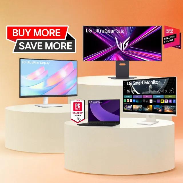 “Buy More Save More” title badge. A group of monitors appear side-by-side. “2025 PC MAG Readers’ Choice” and “Digital Trends Readers’ Choice 2025” badges.