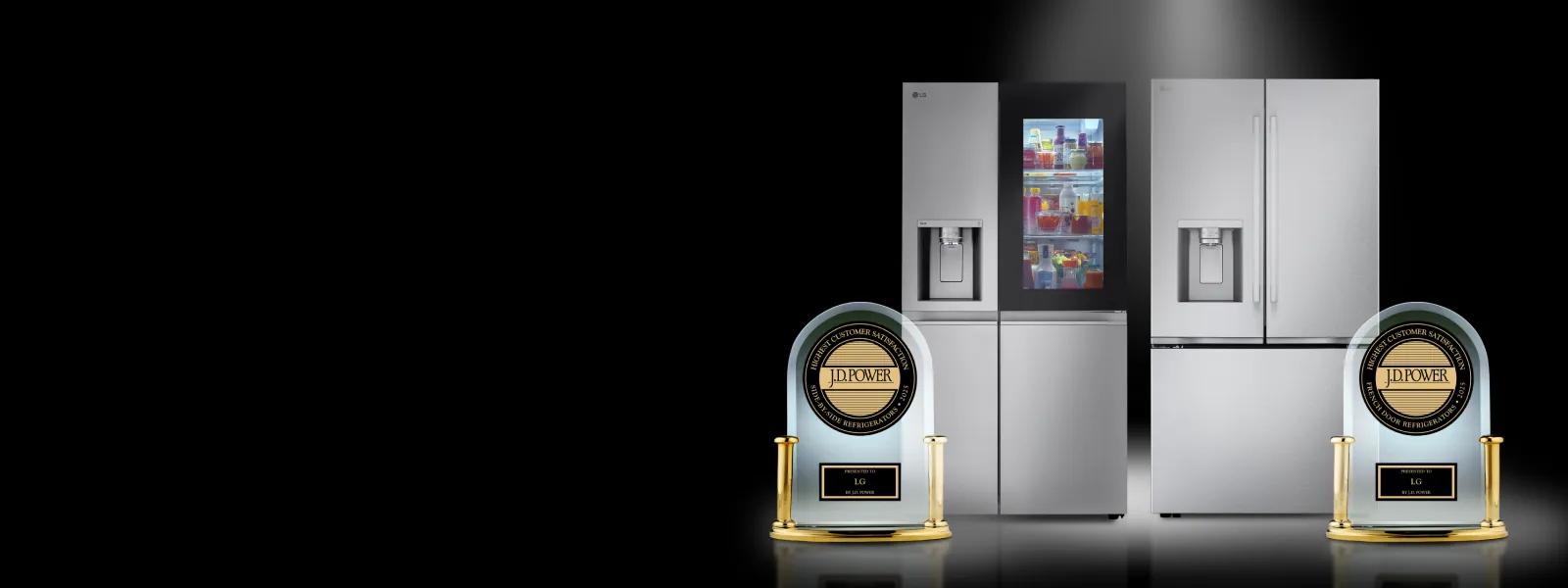 On a black background, two LG refrigerators stand side by side, each with a JD Power trophy standing in front of it.