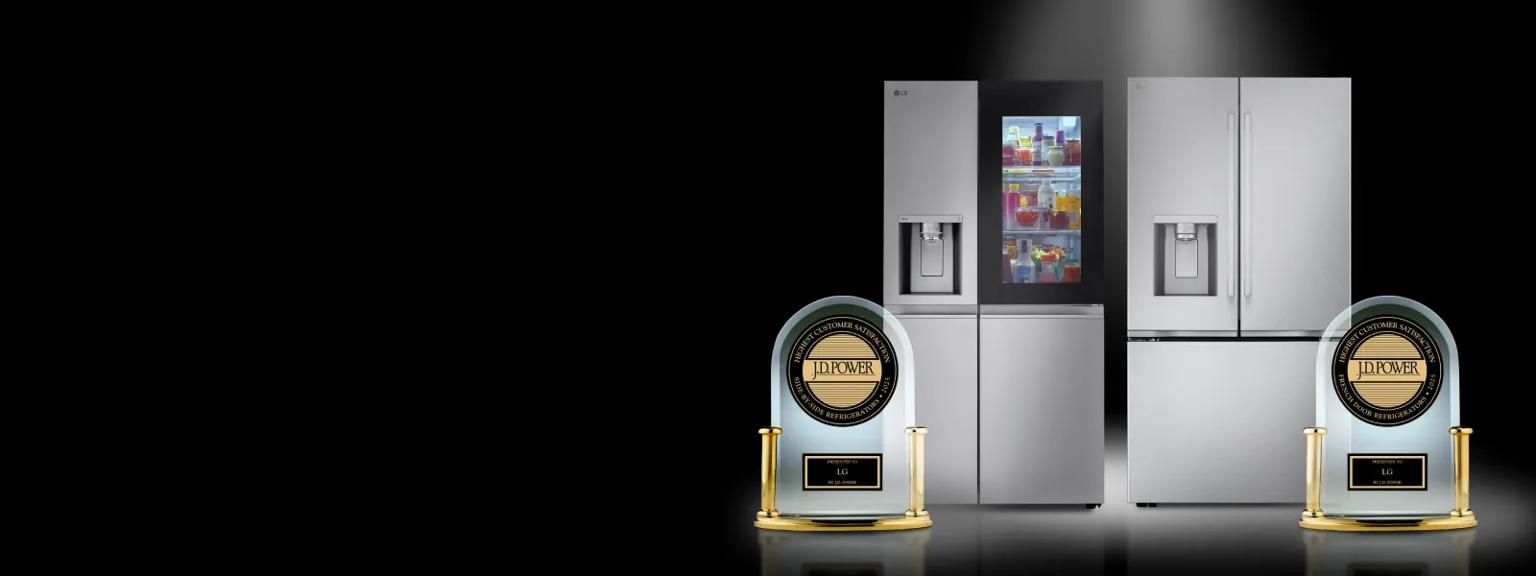 On a black background, two LG refrigerators stand side by side, each with a JD Power trophy standing in front of it.