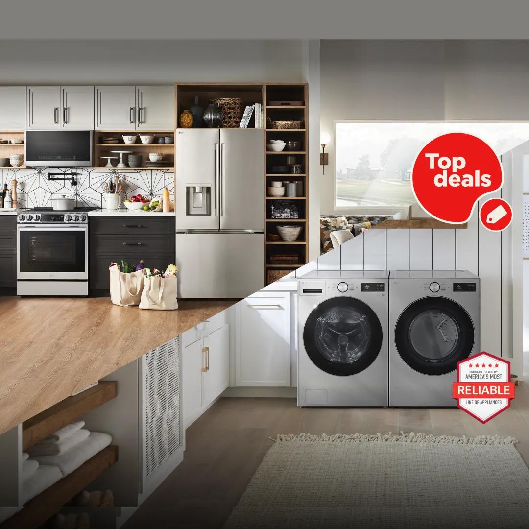 2 scenes from a kitchen and laundry room displaying LG appliances. “Top Deals” and “America’s Most Reliable Line of Home Appliances” badges.