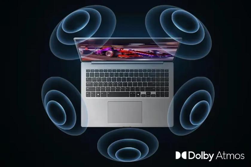 LG 16Z90U-H gram with blue glowing circles representing the sound capabilities. Dolby Atmos logo is in the corner.