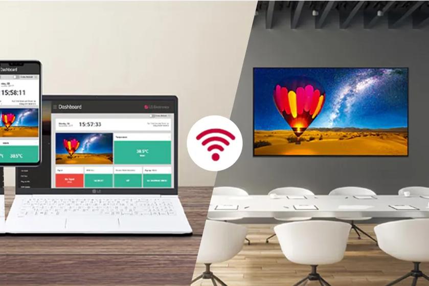 A laptop and phone on the left control the image on the 65UL5Q-M UHD Signage Display on the right.