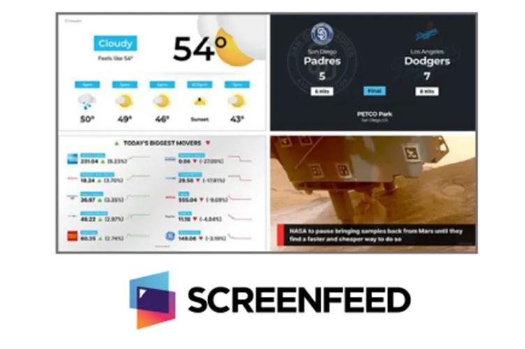 Collage including weather, baseball score, stock changes, and Mars rover news, with the SCREENFEED logo.