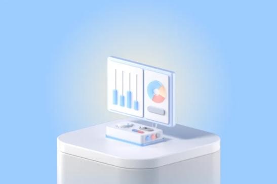 3D illustration of a digital display with graphs and charts on a white platform.