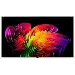 The front view of LG True Wireless TV features its slim and thin wallpaper design, while a dynamic abstract composition of wave-like color gradients in vivid multicolors flows seamlessly across the screen.