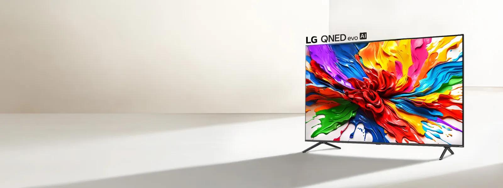 The LG QNED evo AI is seen with a graphic of a colorful paint platter on its screen. 