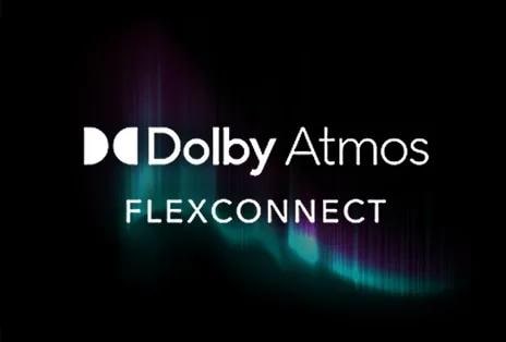 LG TV with Dolby Atmos FLEXCONNECT highlights professional cinematic sound, displaying the Dolby Atmos FLEXCONNECT logo against a dark background with a subtle teal glow effect.