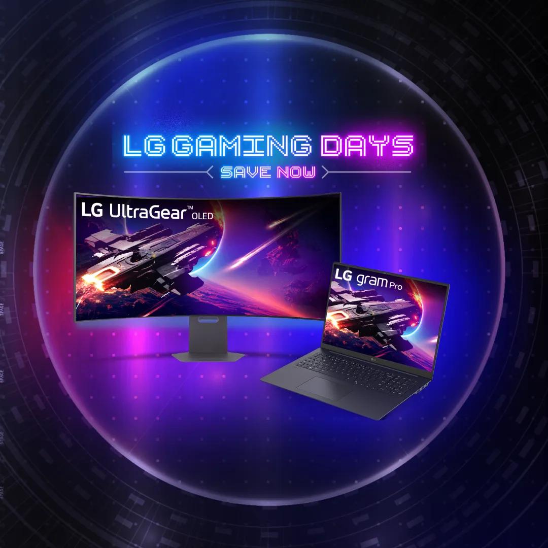 ”LG GAMING DAYS” title badge.  An UltraGear OLED Monitor and gram laptop appear on a purple background. 