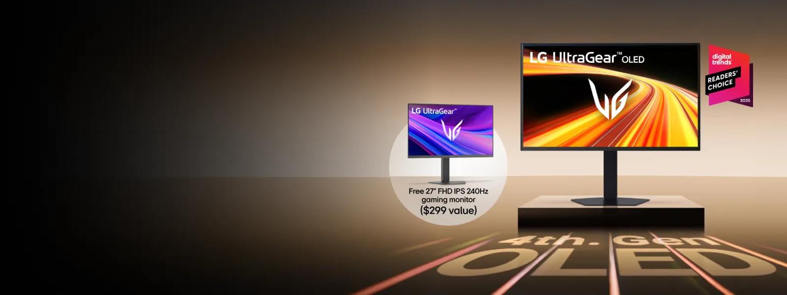 LG UltraGear OLED monitor sits on a stand, alongside a “Digital Trends Reader’s Choice 2025” badge. “4th Gen OLED” text below. Pop-out image of GX7 monitor and text “Free 27” FHD IPS 240Hz gaming monitor ($299 value)”.