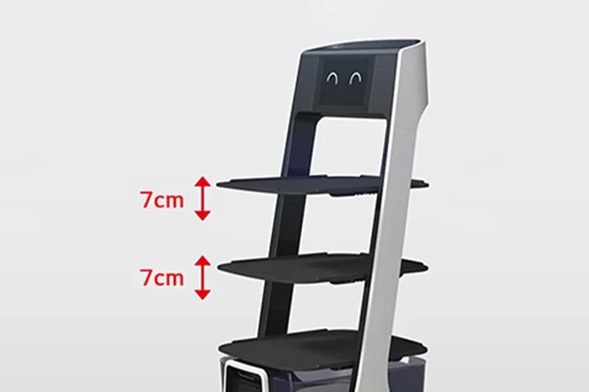 CLOi bot with the text 7 centimeters and arrows indicating the space between each shelf.