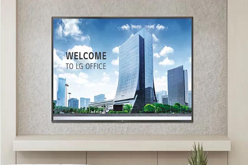 Large flat-screen TV displaying skyscrapers and a curved building with a blue sky and clouds.

Transcribed Text:

WELCOME TO LG OFFICE