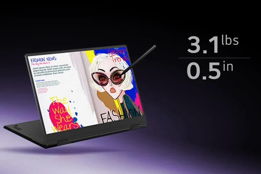 LG Gram 16T95TP-K.AD89U1 Laptop displaying fashion magazine with colorful illustration showing 3.1 lbs weight and 0.5 in thickness