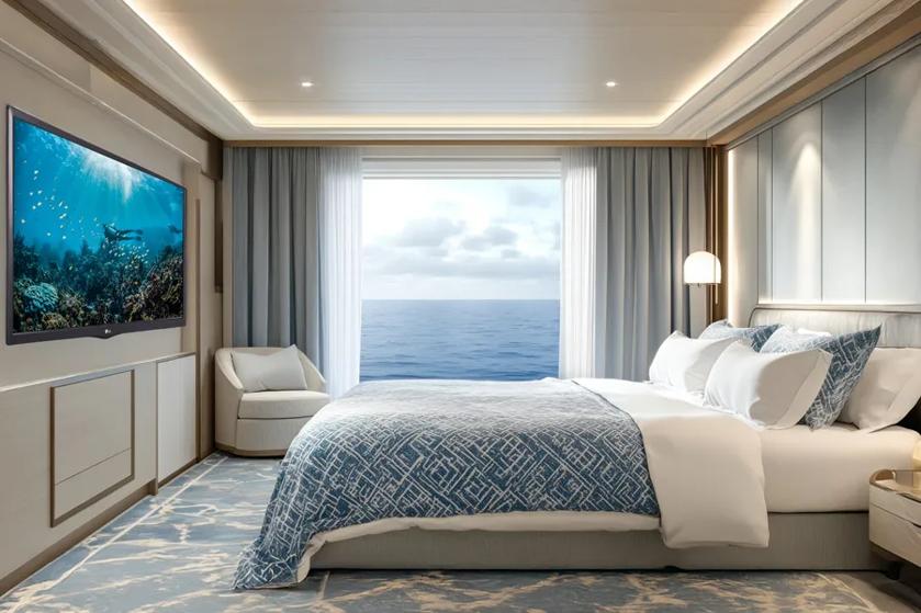 A cruise cabin with an ocean view and an LG Cabin TV