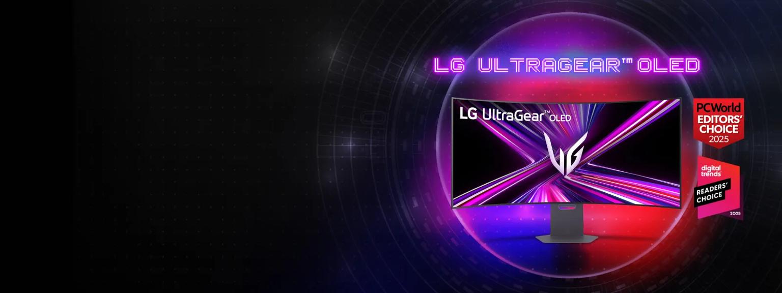 ”LG UltraGear OLED” title badge.  An UltraGear OLED Monitor appears on a purple background. “PCWorld Editors’ Choice 2025” badge. “Digital Trends Readers’ Choice 2025” badge.