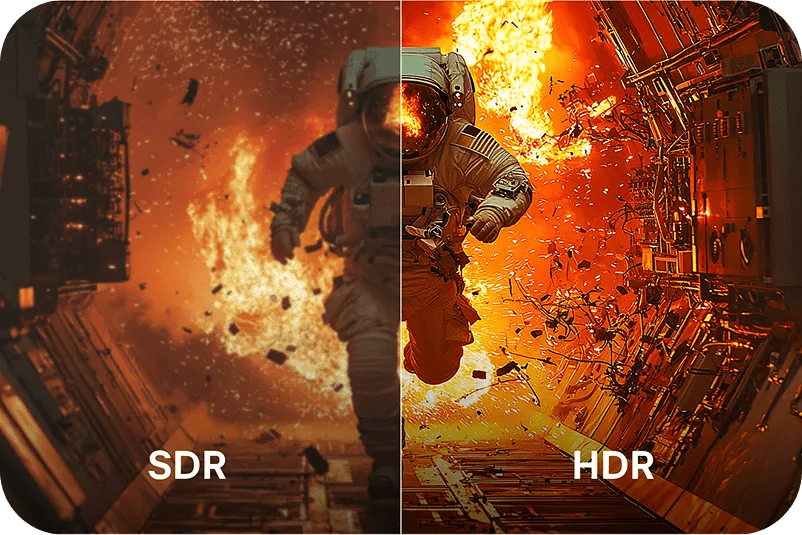 Side-by-side image of astronaut running from explosion, showing SDR's muted colors vs HDR's vivid brightness and detail.