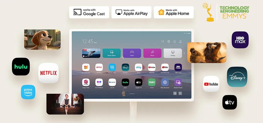 LG StanbyME 2 displaying the webOS home screen with streaming apps including Netflix, Prime Video, Disney+, Hulu, YouTube, HBO Max, and Apple TV. Compatible with Google Cast, Apple AirPlay, and Apple Home.