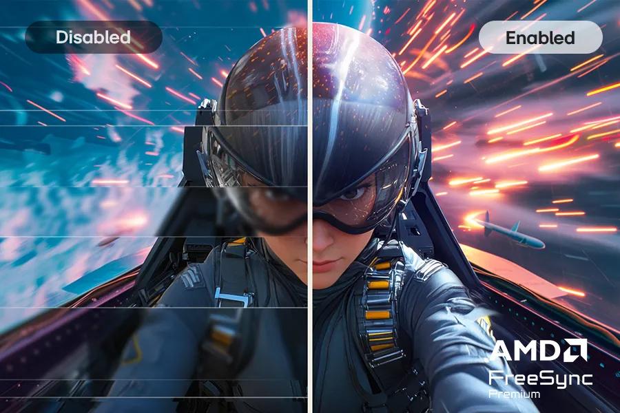 LG 34U601B-B UltraWide Monitor AMD FreeSync Premium feature comparison showing disabled vs enabled visual effects with dynamic light streaks