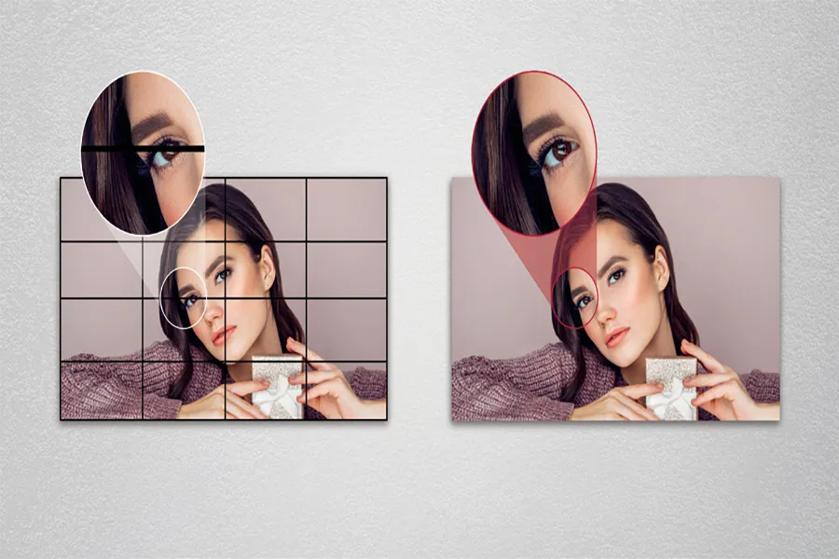 Two portraits of a woman holding a small cube, with magnified sections highlighting her eye, one with a grid overlay.