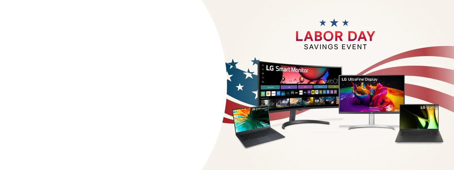 “Labor Day Savings Event” title badge. Various LG laptops and monitors appear on a stars and stripes background. 