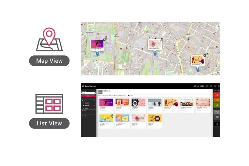 Image showing map and list views for managing digital signage content.