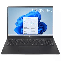 Front view of LG Gram Pro laptop with black keyboard and vivid purple and blue screen on white background.