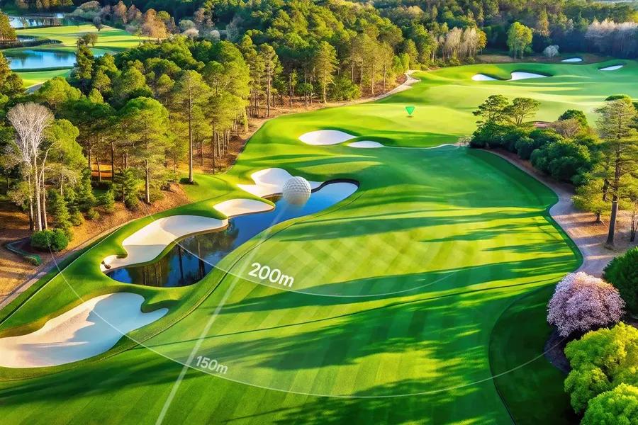There is a stunning aerial view of a golf course with sand bunkers, water features, and distances marked as 150m and 200m.