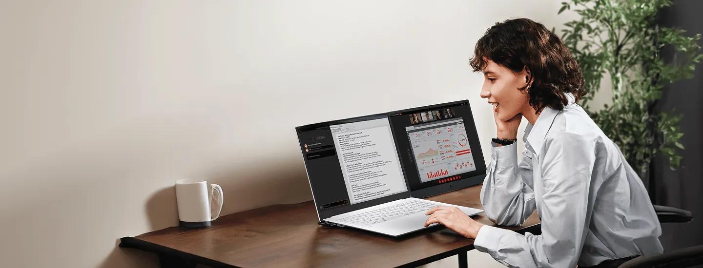A woman uses an LG gram laptop with a dual screen setup for video conferencing and multitasking in her home office.