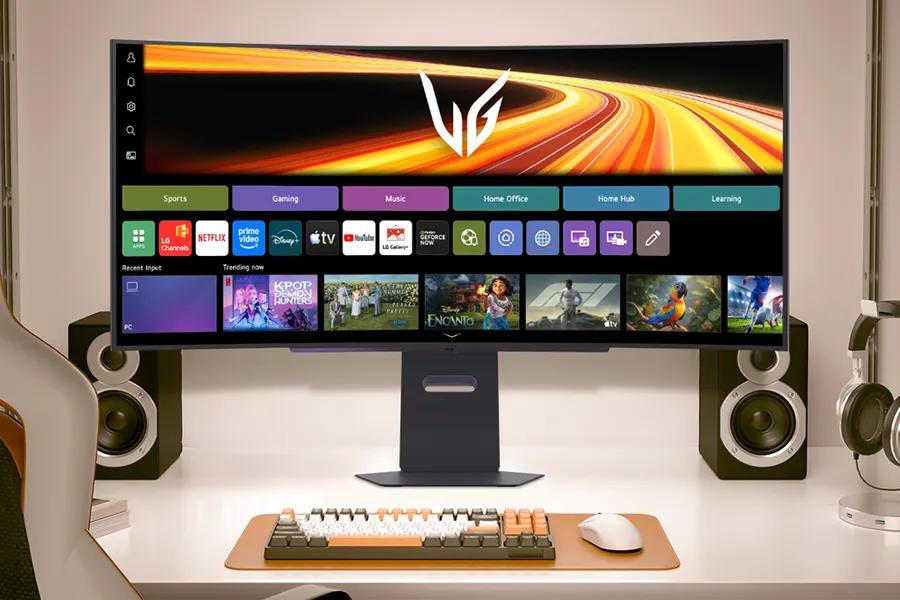 45GX90SB-B LG UltraGear OLED Gaming Monitor displaying smart interface with streaming apps and gaming content