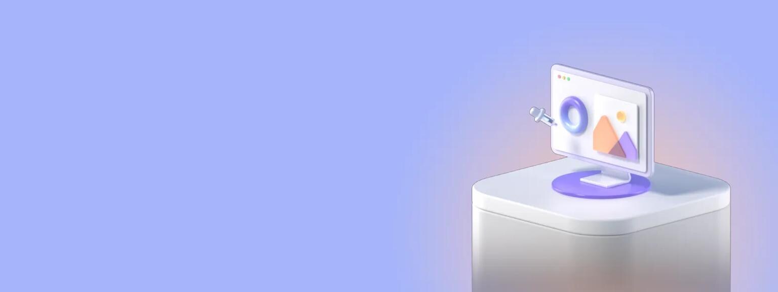 3D digital illustration of a computer monitor on a pedestal with a purple and blue background.