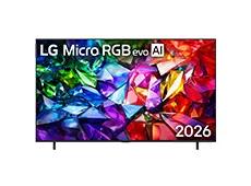 LG Micro RGB evo AI MRGB95, released in 2026, features a 75-inch display with a slim black bezel on low-profile feet, showcasing a vivid crystalline composition of sharply defined red, green, and blue light facets across the screen.