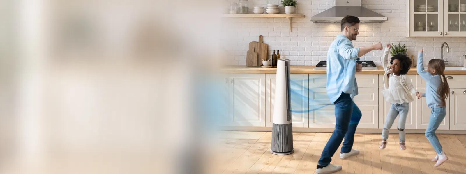 LG air purifier standing in a kitchen as a man dances with two children, with blue airflow graphics flowing around them