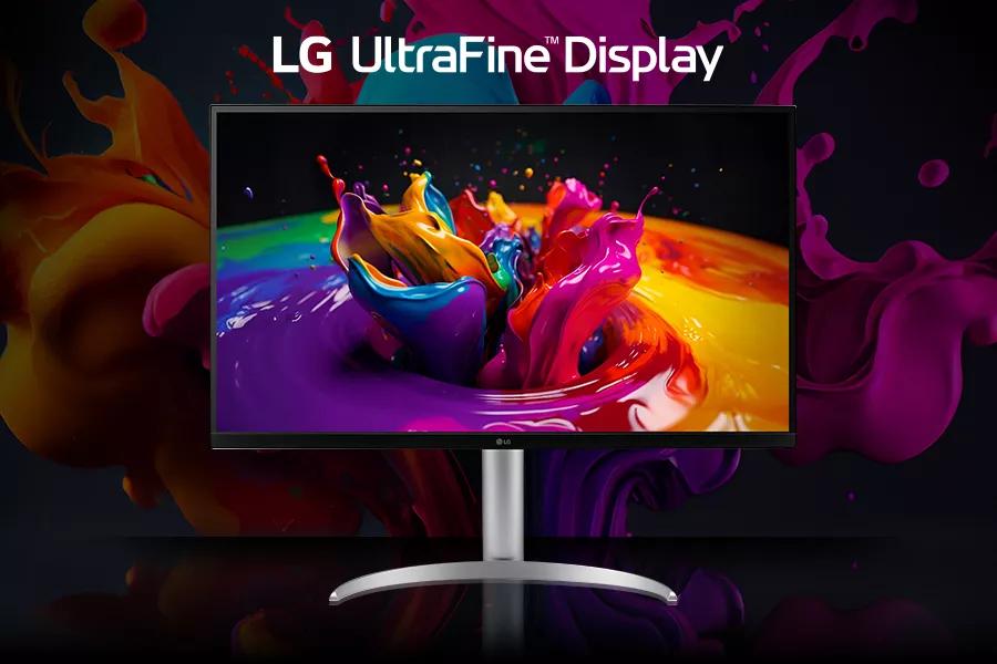 Front view of the LG UltraFine UHD monitor, available in 4K and 5K resolutions, perfect for working, streaming, editing, or creating