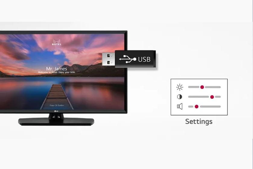 TV with welcome message and USB, next to settings icon with sliders.

"USB"
"Settings"