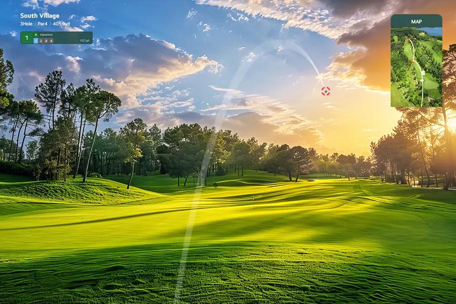 A virtual golf ball is in mid-flight with a stunning sunset on a green golf course and an overhead course map displayed.	