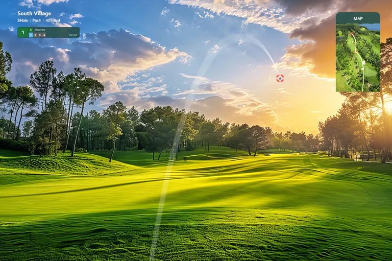 A virtual golf ball is in mid-flight with a stunning sunset on a green golf course and an overhead course map displayed.	