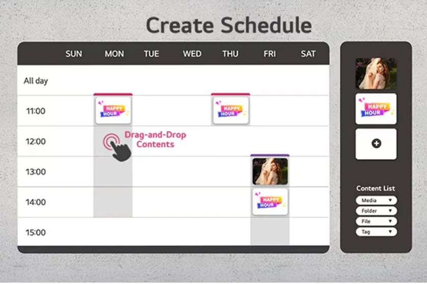 Digital scheduling interface with weekly calendar and content sidebar featuring drag-and-drop functionality.