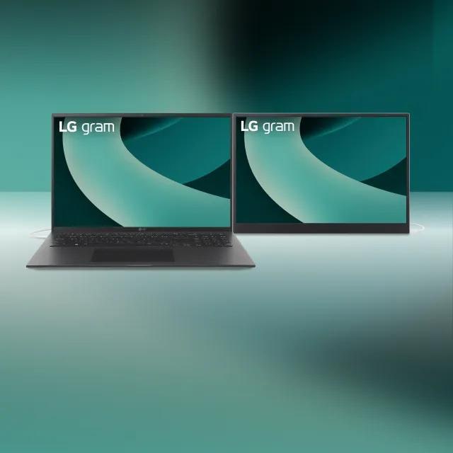 LG gram laptop and +View portable monitor appear on a green background