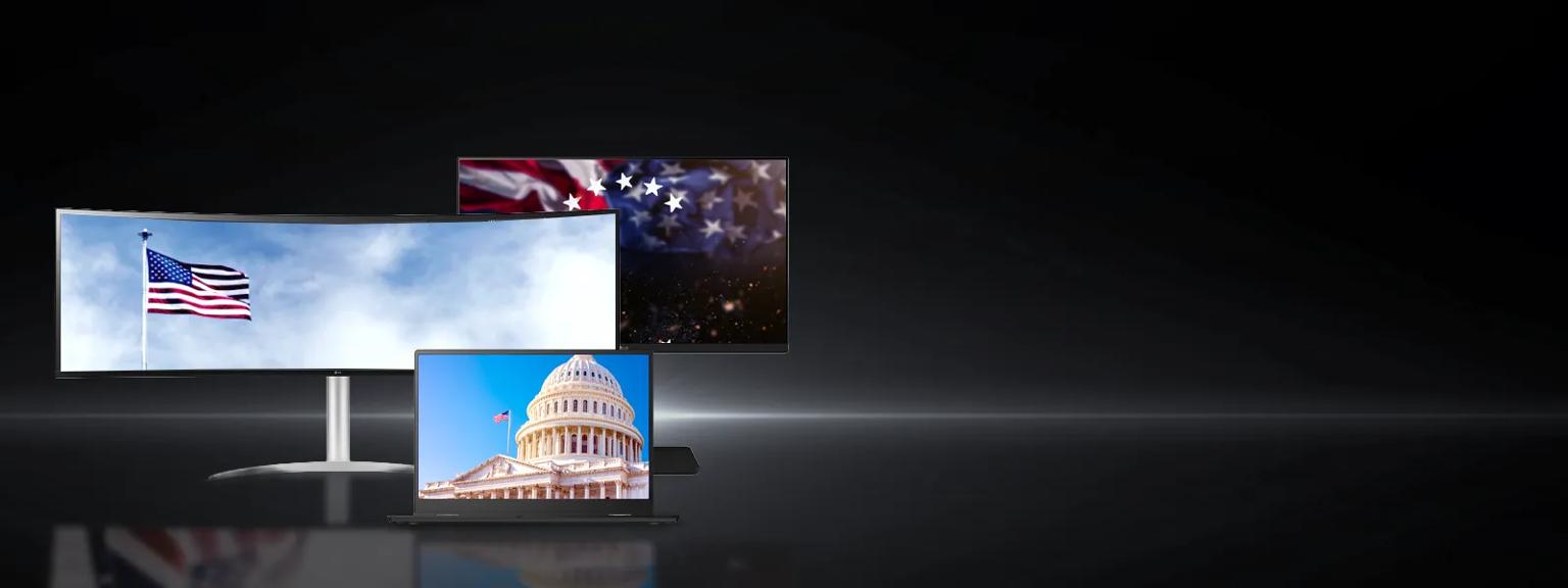 LG monitors and laptop on a dark background, with images of the American Flag and US capitol on their displays
